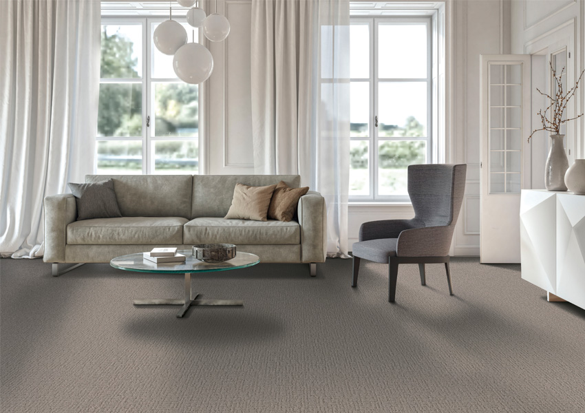greige carpet in kitchen with minimalist modern decor.