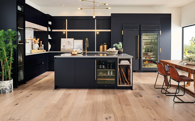 hardwood flooring in blue kitchen
