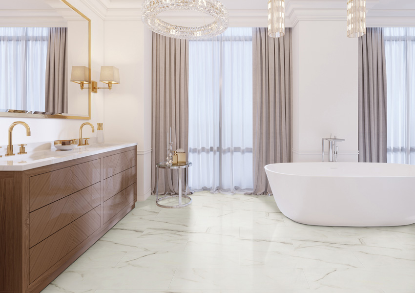 luxury vinyl tile flooring in bathroom with bath tub.